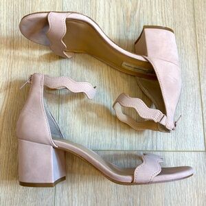 Blush block heel sandals with scalloped straps